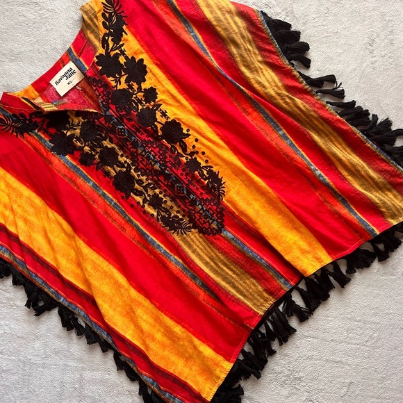 Savanna Jane Bohemian Southwest Stripe Embroidered Tassel Poncho Top M/L - Picture 1 of 12